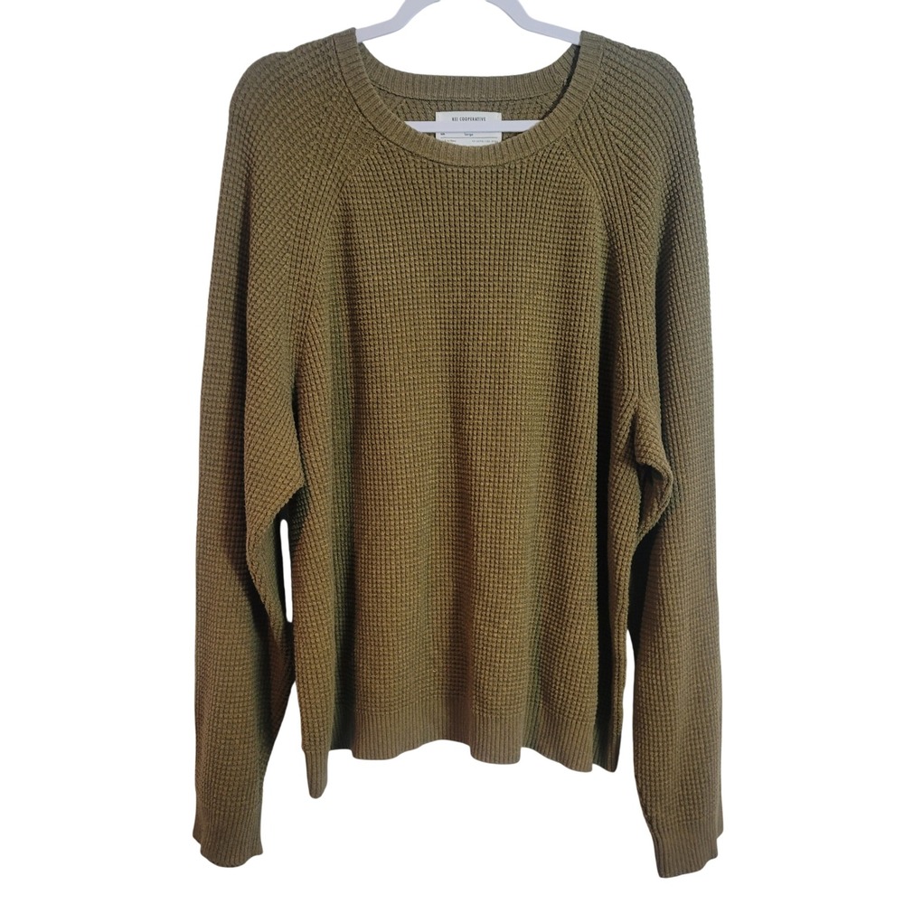 REI Co-op Mens Large Olive Green Waffle Knit Cotton Raglan Crewneck‎ Sweater